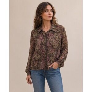J.‎ Jill Button Front Shirt Womens Large Brown Floral Sheer Fairy Dark Romantic